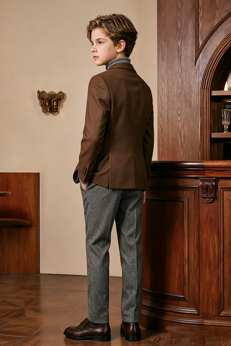 Boys Brown‑Grey with Notch Lapel 2-Piece Suit for Weddings