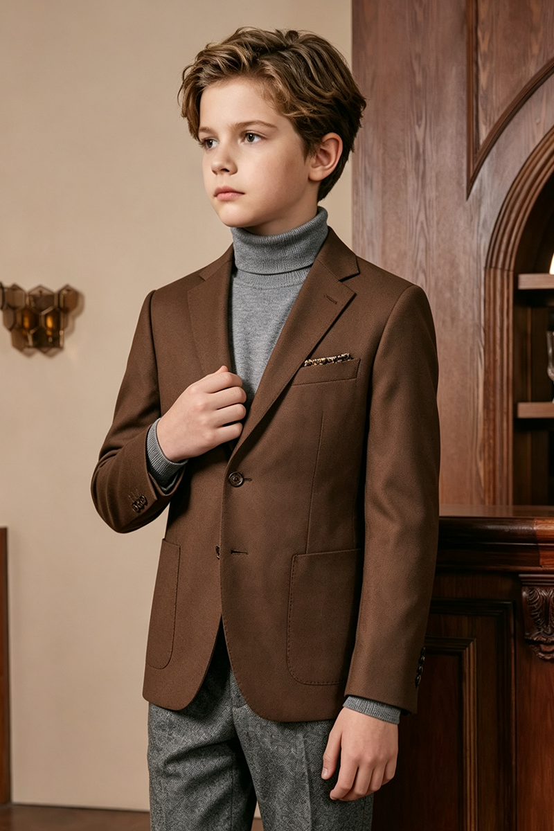 Boys Brown‑Grey with Notch Lapel 2-Piece Suit for Weddings