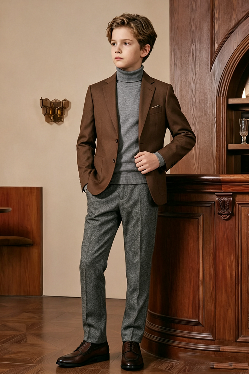Boys Brown‑Grey with Notch Lapel 2-Piece Suit for Weddings