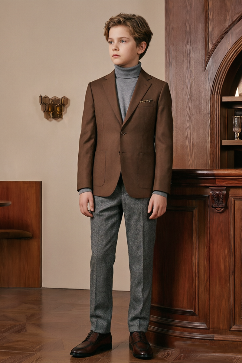 Boys Brown‑Grey with Notch Lapel 2-Piece Suit for Weddings