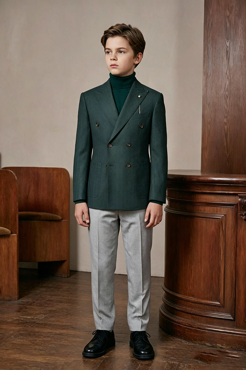 Boys Forest‑Green Grey with Notch Lapel2-Piece Suit for Weddings