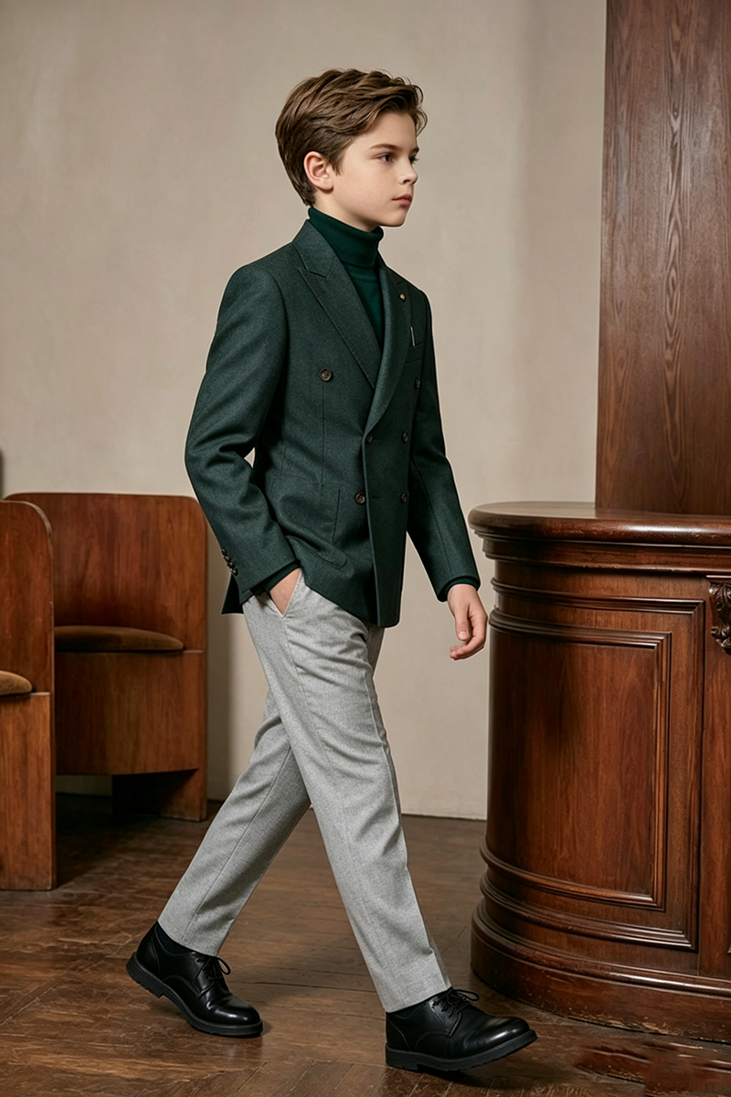 Boys Forest‑Green Grey with Notch Lapel2-Piece Suit for Weddings