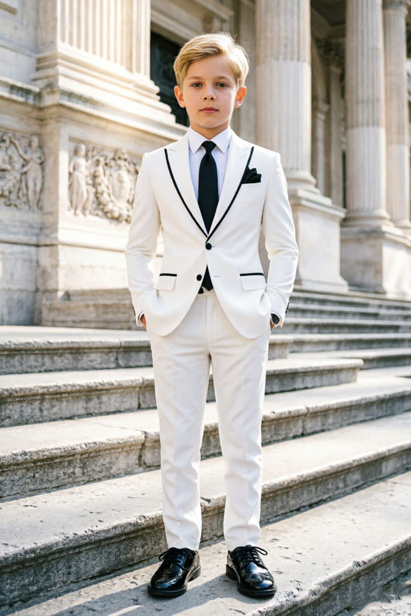 Boys White Tuxedo with Black Contrast Piping 2-Piece Suit for Weddings