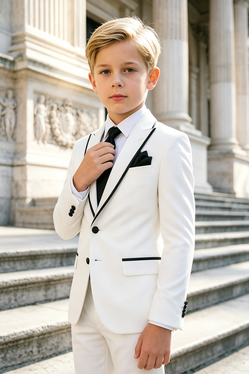 Boys White Tuxedo with Black Contrast Piping 2-Piece Suit for Weddings
