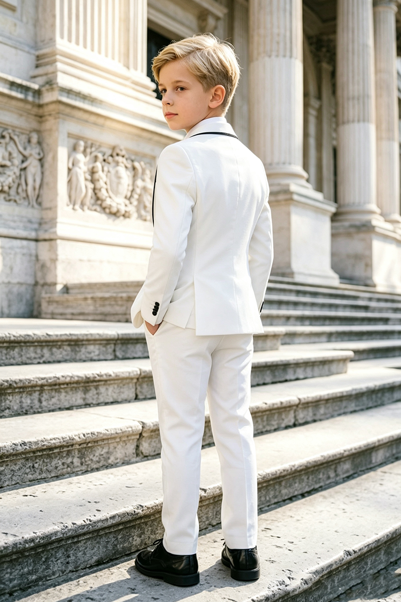 Boys White Tuxedo with Black Contrast Piping 2-Piece Suit for Weddings