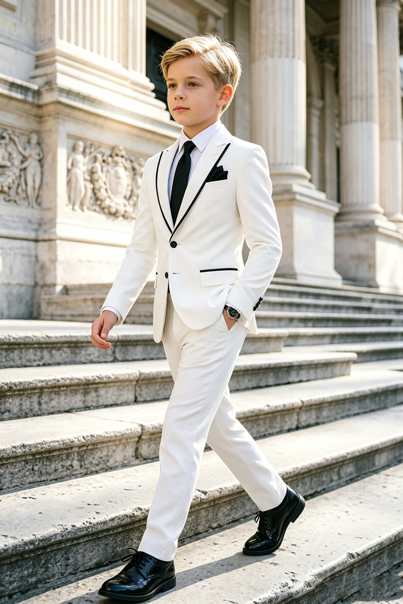 Boys White Tuxedo with Black Contrast Piping 2-Piece Suit for Weddings