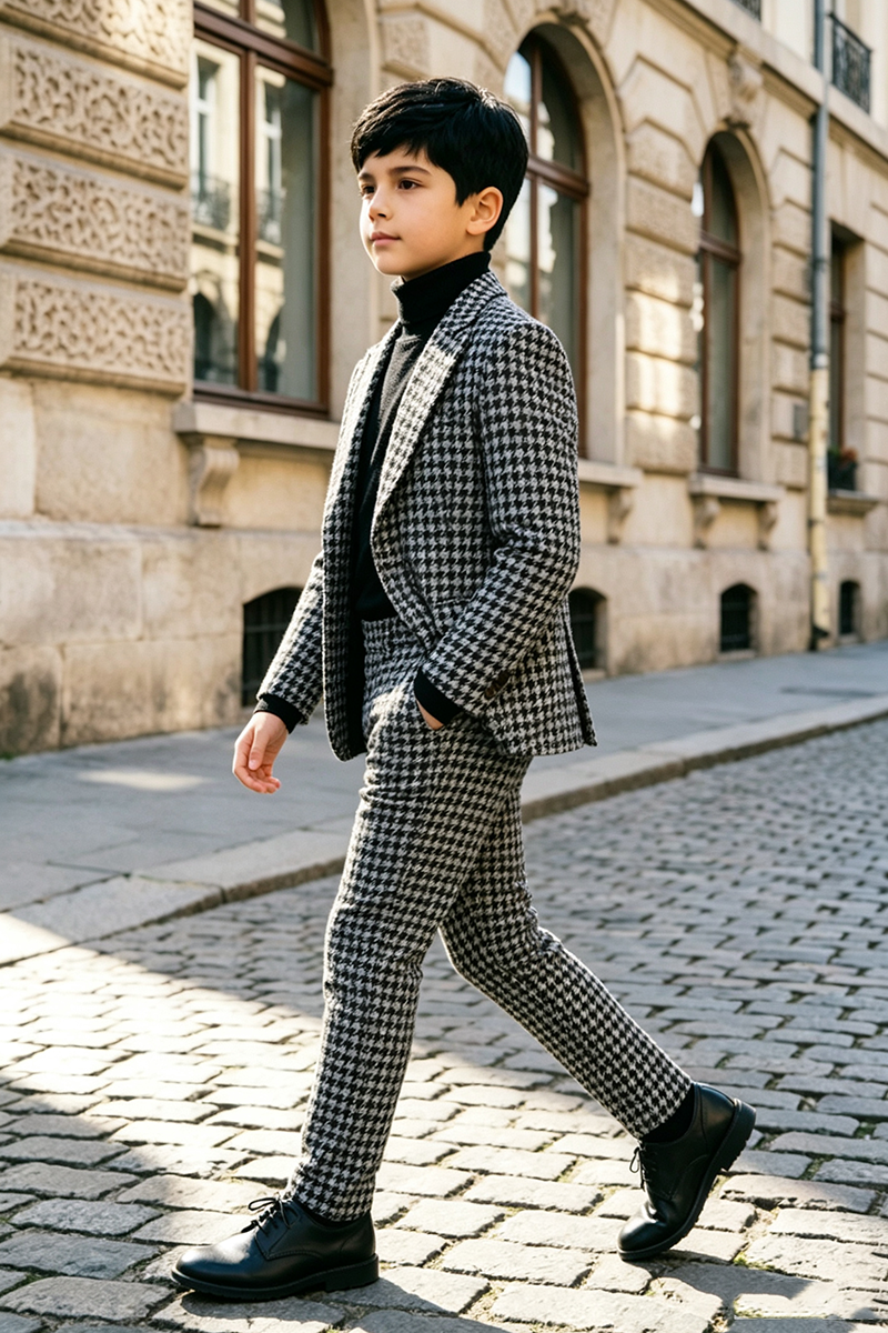 Boys Houndstooth with Classic Notch Lapel 2‑Piece Suit for Weddings