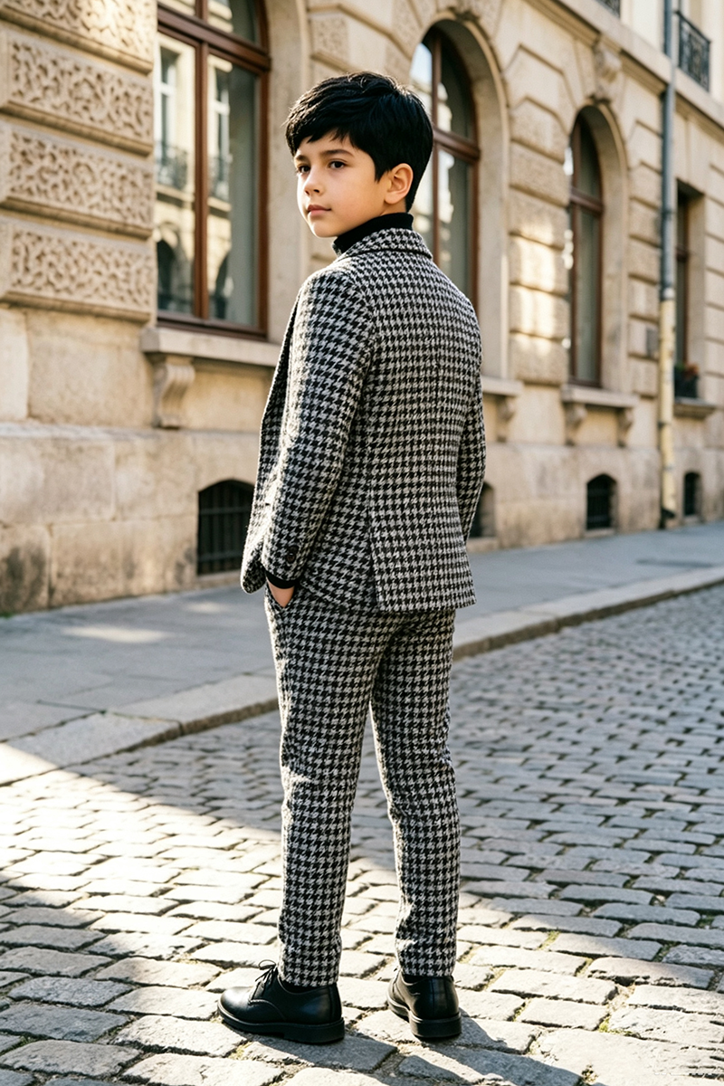 Boys Houndstooth with Classic Notch Lapel 2‑Piece Suit for Weddings
