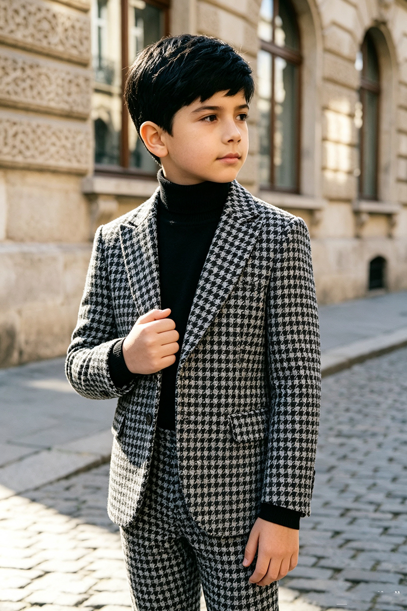 Boys Houndstooth with Classic Notch Lapel 2‑Piece Suit for Weddings