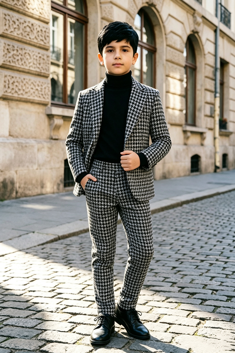 Boys Houndstooth with Classic Notch Lapel 2‑Piece Suit for Weddings