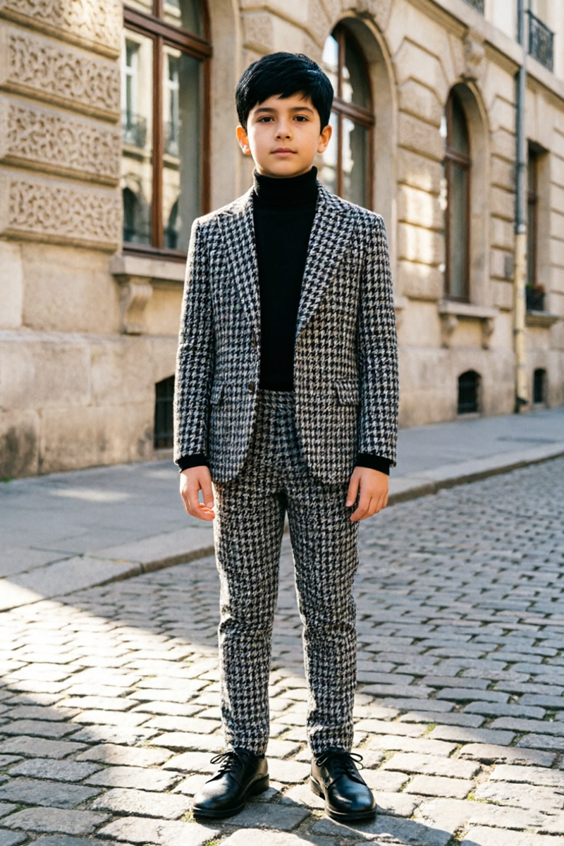 Boys Houndstooth with Classic Notch Lapel 2‑Piece Suit for Weddings
