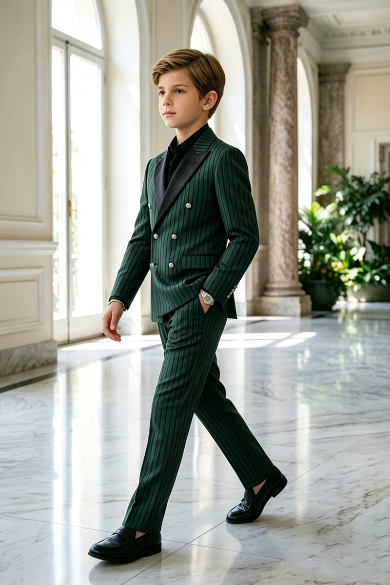 Boys Green Pinstripe with Satin Shawl Lapel 2-Piece Suit for Weddings