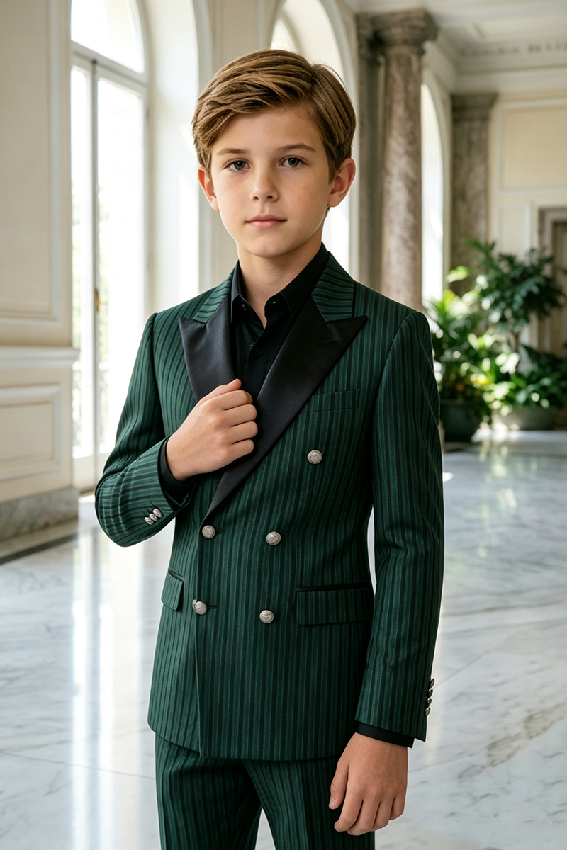 Boys Green Pinstripe with Satin Shawl Lapel 2-Piece Suit for Weddings