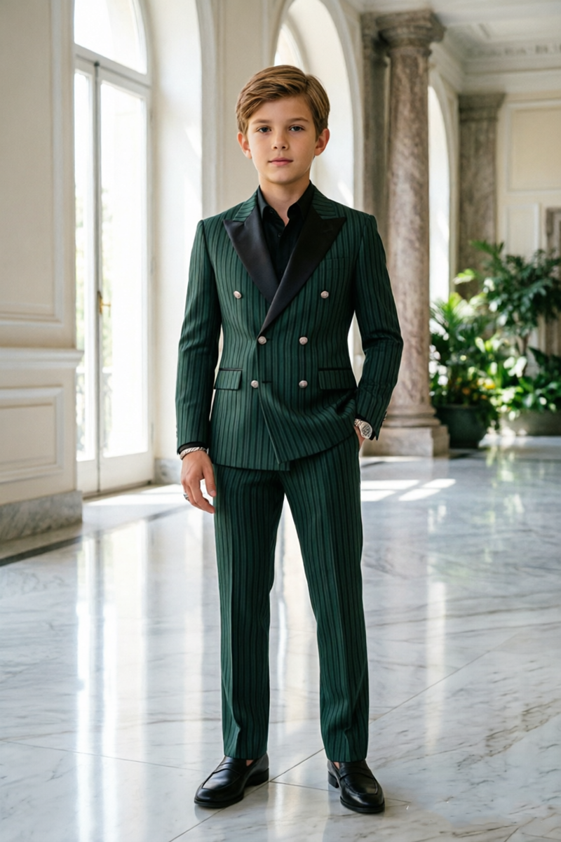 Boys Green Pinstripe with Satin Shawl Lapel 2-Piece Suit for Weddings