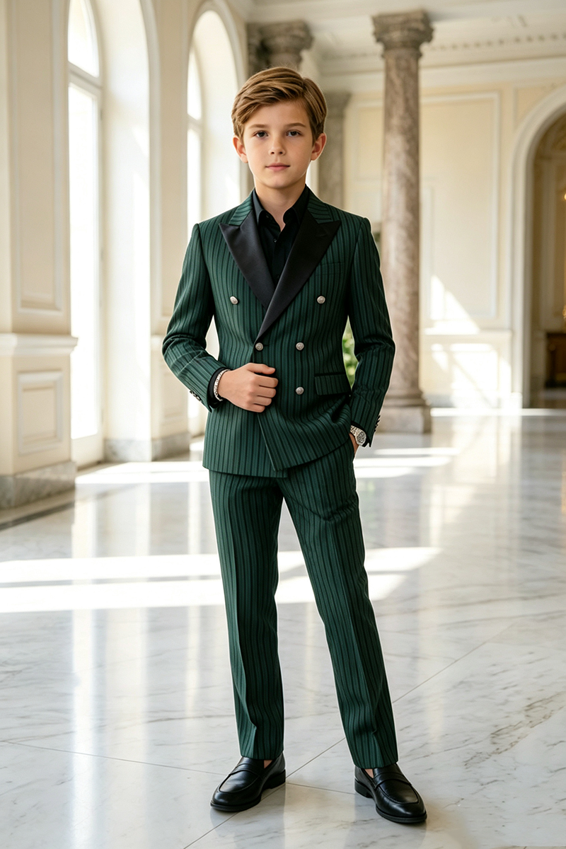 Boys Green Pinstripe with Satin Shawl Lapel 2-Piece Suit for Weddings