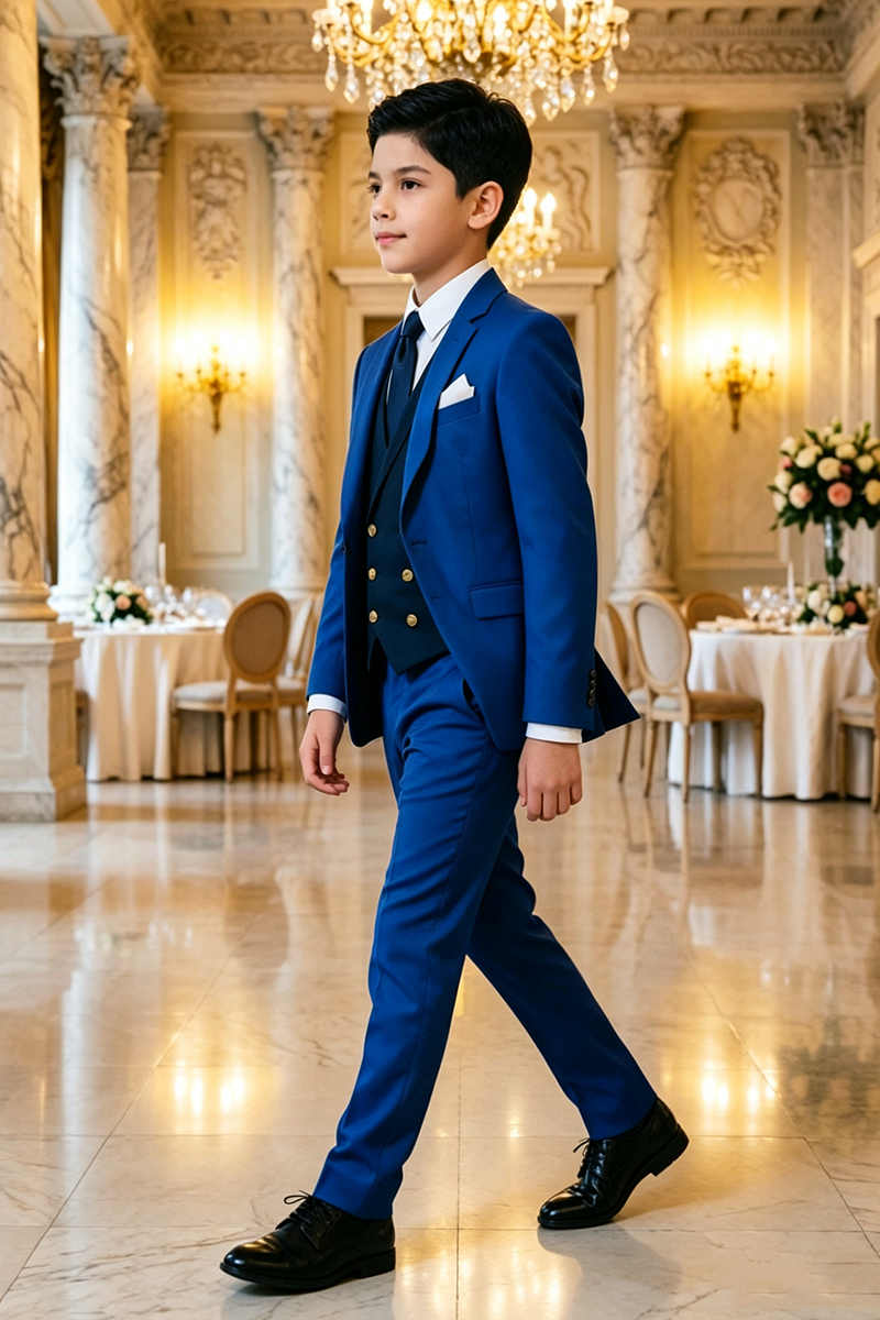 Boys Royal‑Blue with Contrast Double‑Breasted Waistcoat 3-Piece Suit for Weddings