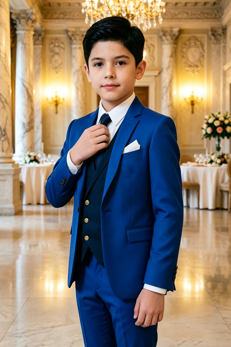 Boys Royal‑Blue with Contrast Double‑Breasted Waistcoat 3-Piece Suit for Weddings