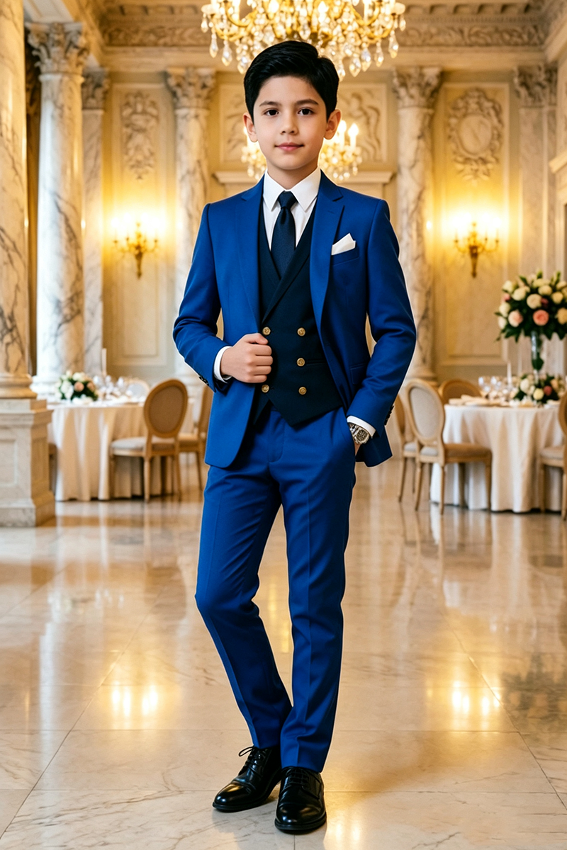 Boys Royal‑Blue with Contrast Double‑Breasted Waistcoat 3-Piece Suit for Weddings