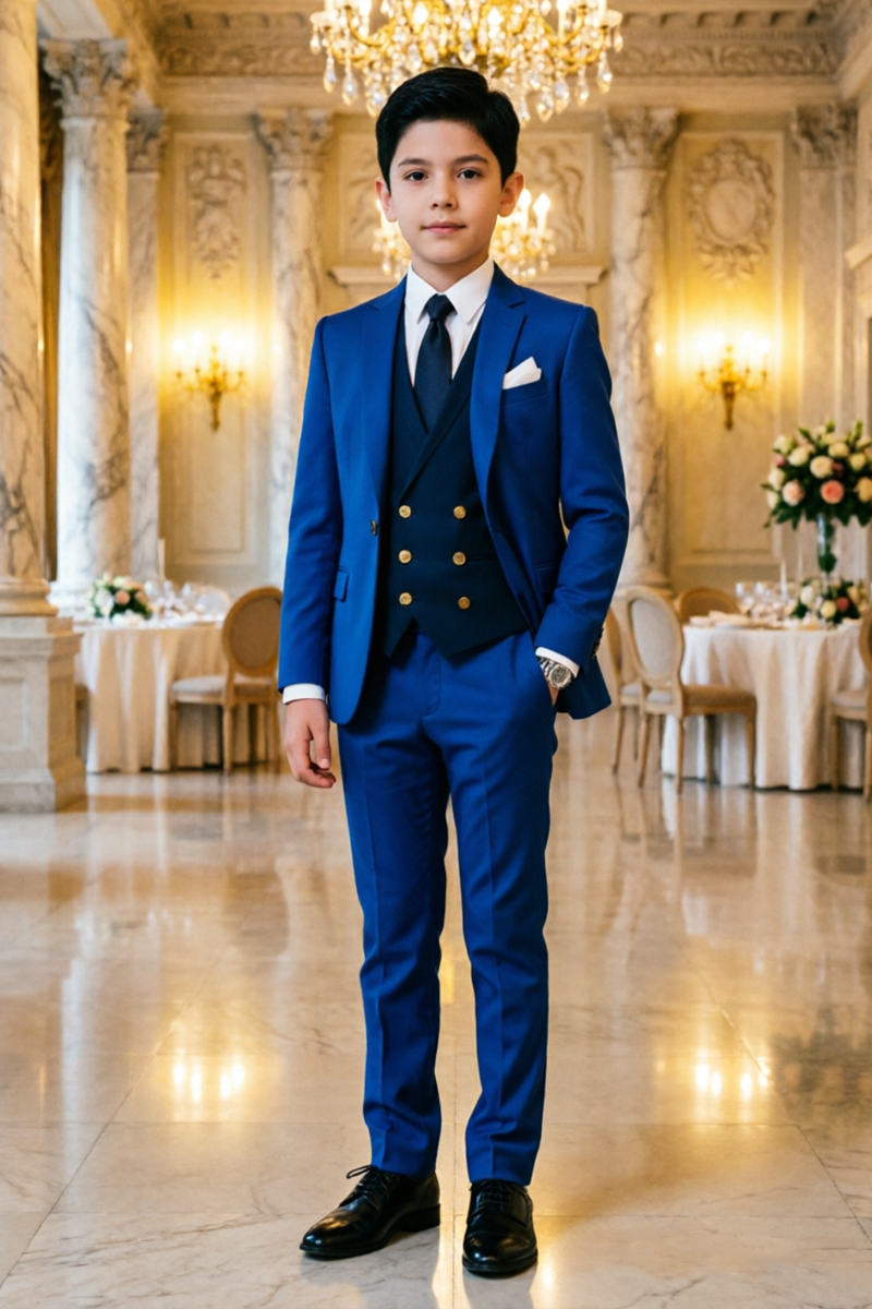 Boys Royal‑Blue with Contrast Double‑Breasted Waistcoat 3-Piece Suit for Weddings