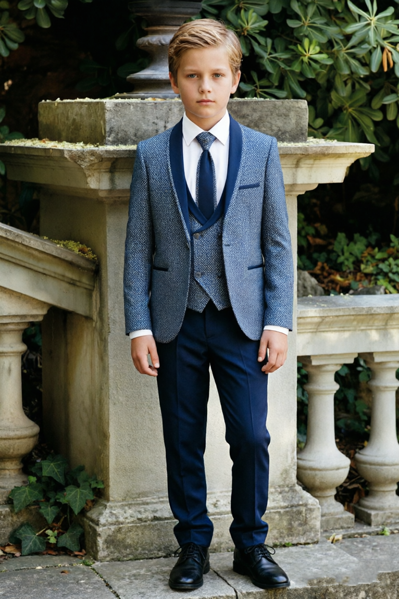 Boys Blue Textured Weave with Shawl Lapel Trim 3-Piece Suit for Weddings