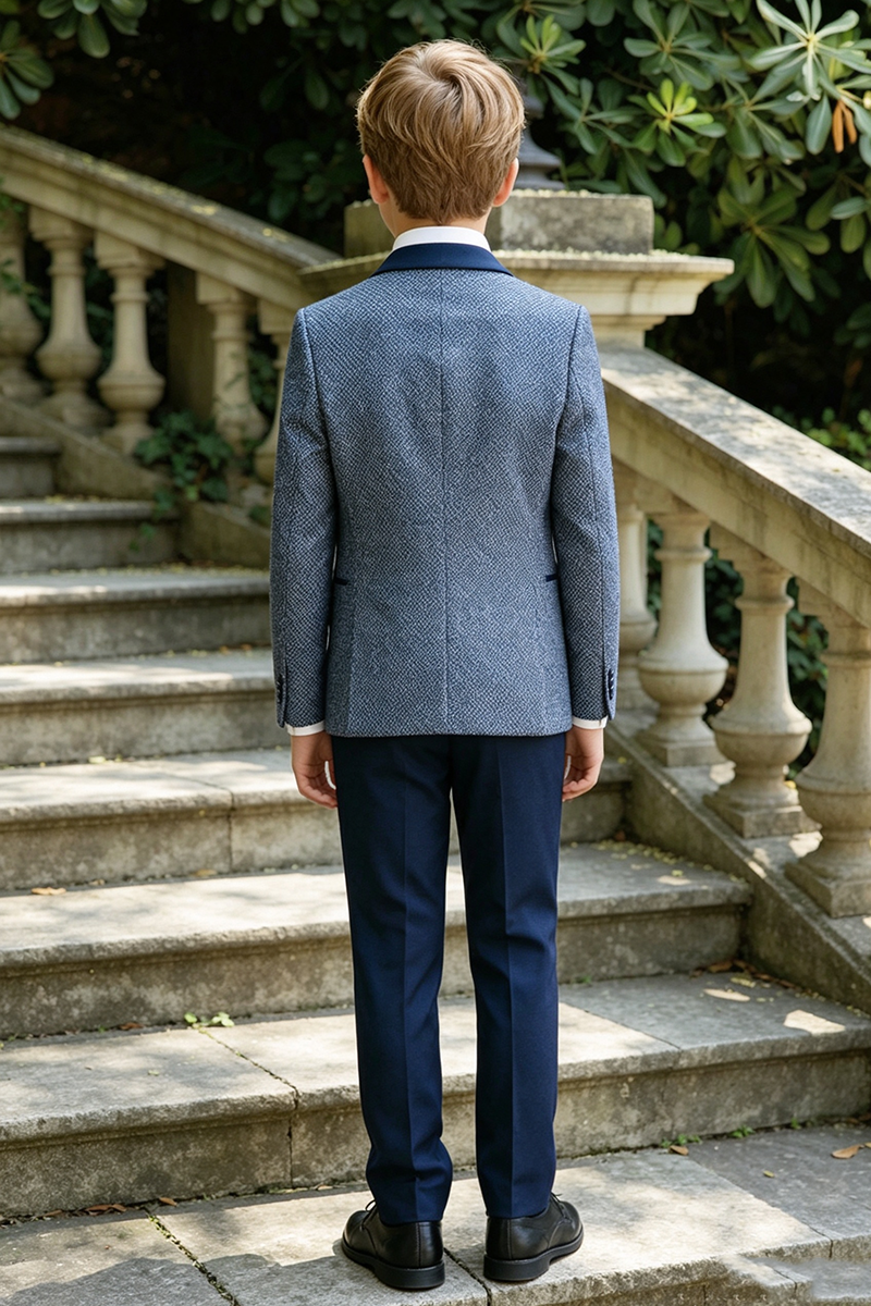 Boys Blue Textured Weave with Shawl Lapel Trim 3-Piece Suit for Weddings