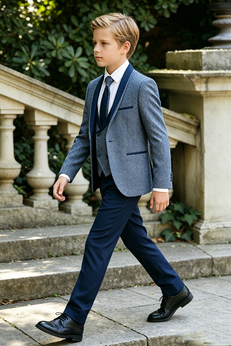 Boys Blue Textured Weave with Shawl Lapel Trim 3-Piece Suit for Weddings