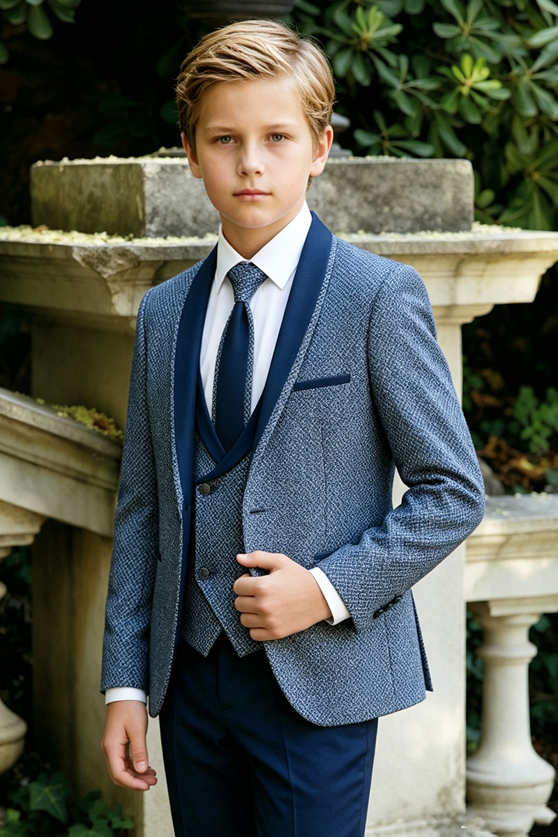 Boys Blue Textured Weave with Shawl Lapel Trim 3-Piece Suit for Weddings