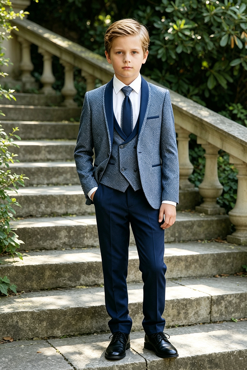 Boys Blue Textured Weave with Shawl Lapel Trim 3-Piece Suit for Weddings