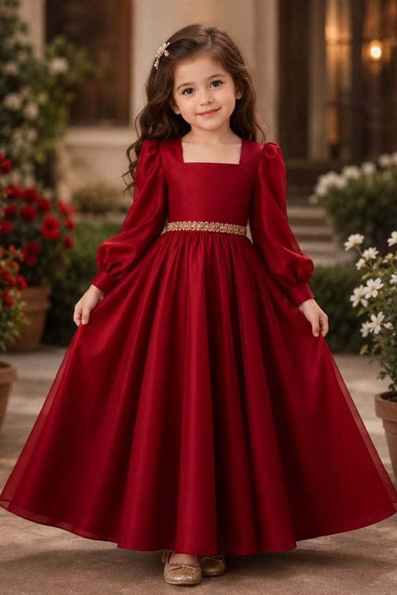 Girls Burgundy Long Sleeve Flower Girl Dress for Weddings with Gold Wa Detail