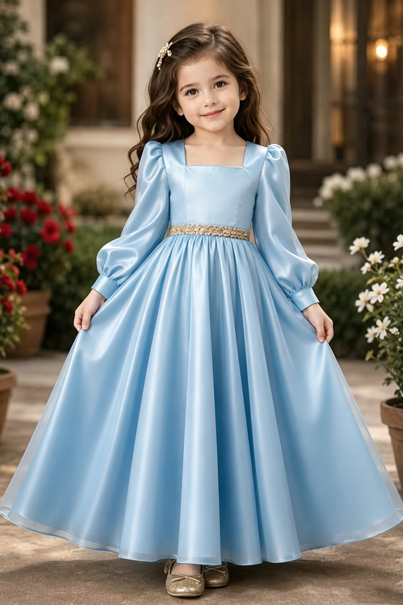 Girls Burgundy Long Sleeve Flower Girl Dress for Weddings with Gold Wa Detail