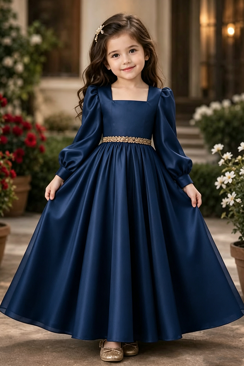 Girls Burgundy Long Sleeve Flower Girl Dress for Weddings with Gold Wa Detail