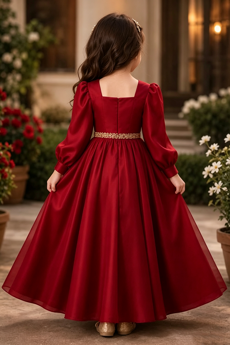 Girls Burgundy Long Sleeve Flower Girl Dress for Weddings with Gold Wa Detail