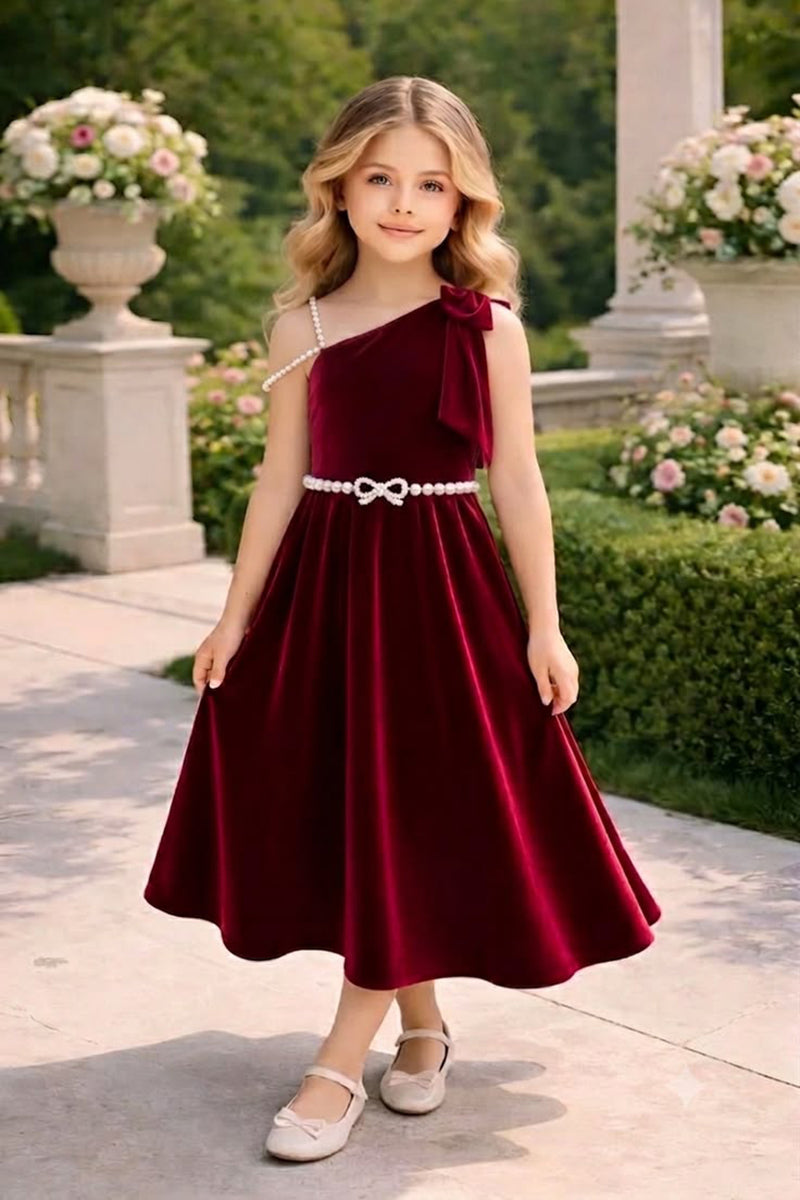 Girls Burgundy Velvet One‑Shoulder Dress for Weddings with Pearl Belt Accent
