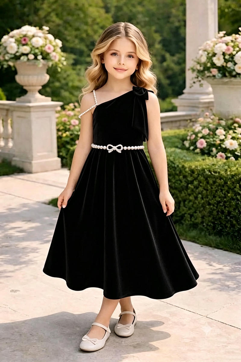 Girls Burgundy Velvet One‑Shoulder Dress for Weddings with Pearl Belt Accent