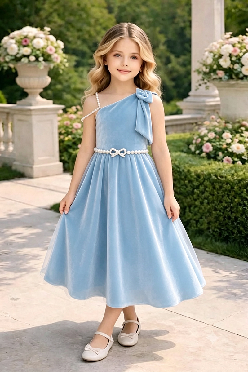 Girls Burgundy Velvet One‑Shoulder Dress for Weddings with Pearl Belt Accent
