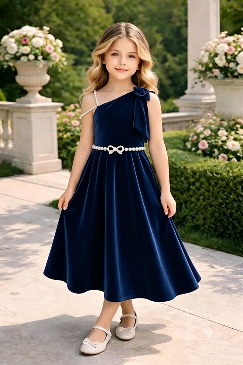 Girls Burgundy Velvet One‑Shoulder Dress for Weddings with Pearl Belt Accent