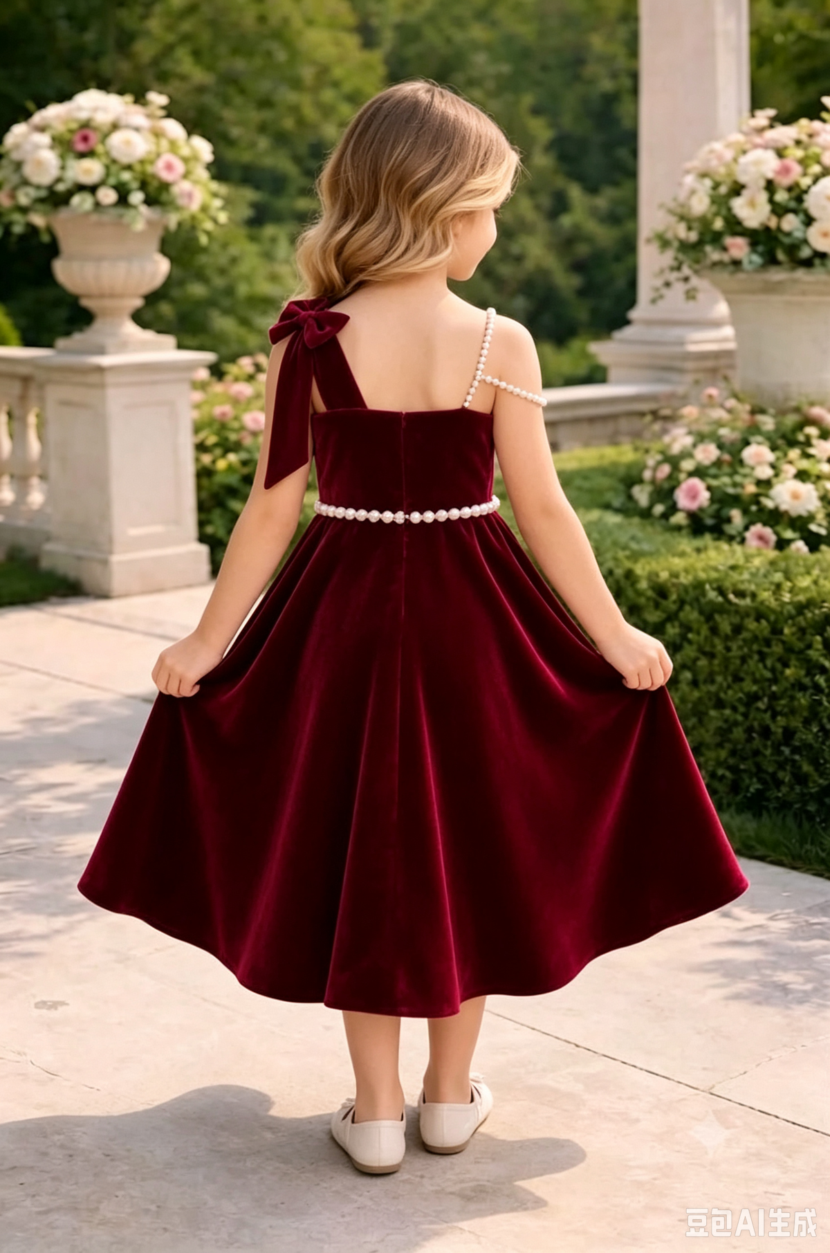Girls Burgundy Velvet One‑Shoulder Dress for Weddings with Pearl Belt Accent