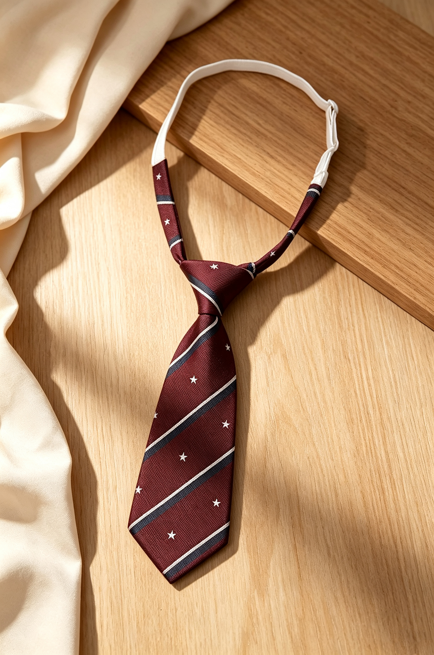 Burgundy Satin Pre‑Tied Necktie Adjustable Stripe Star Arrow‑Tip Tie