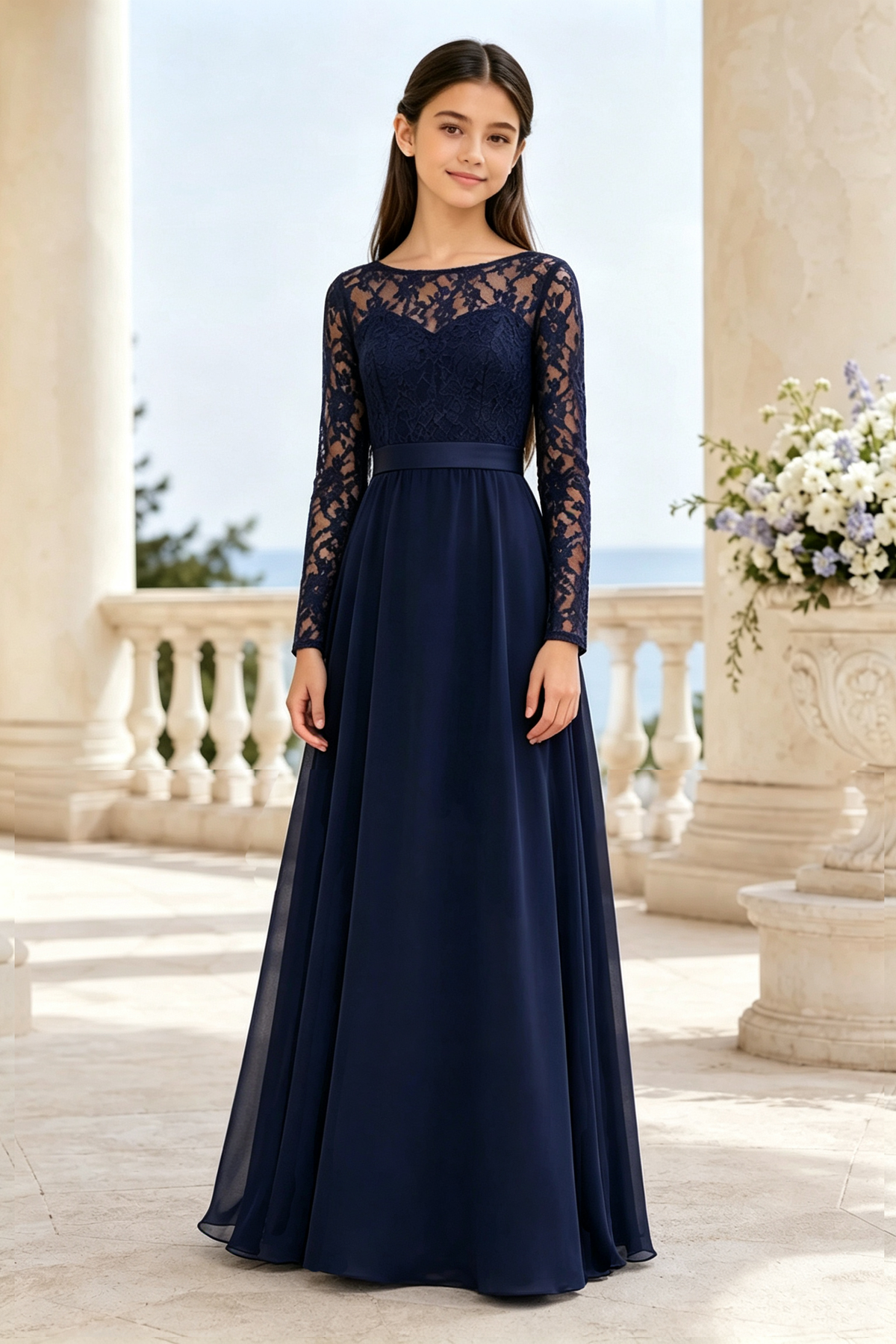Navy‑Blue Lace Chiffon Round‑Neck Long‑Sleeve A‑Line Dress