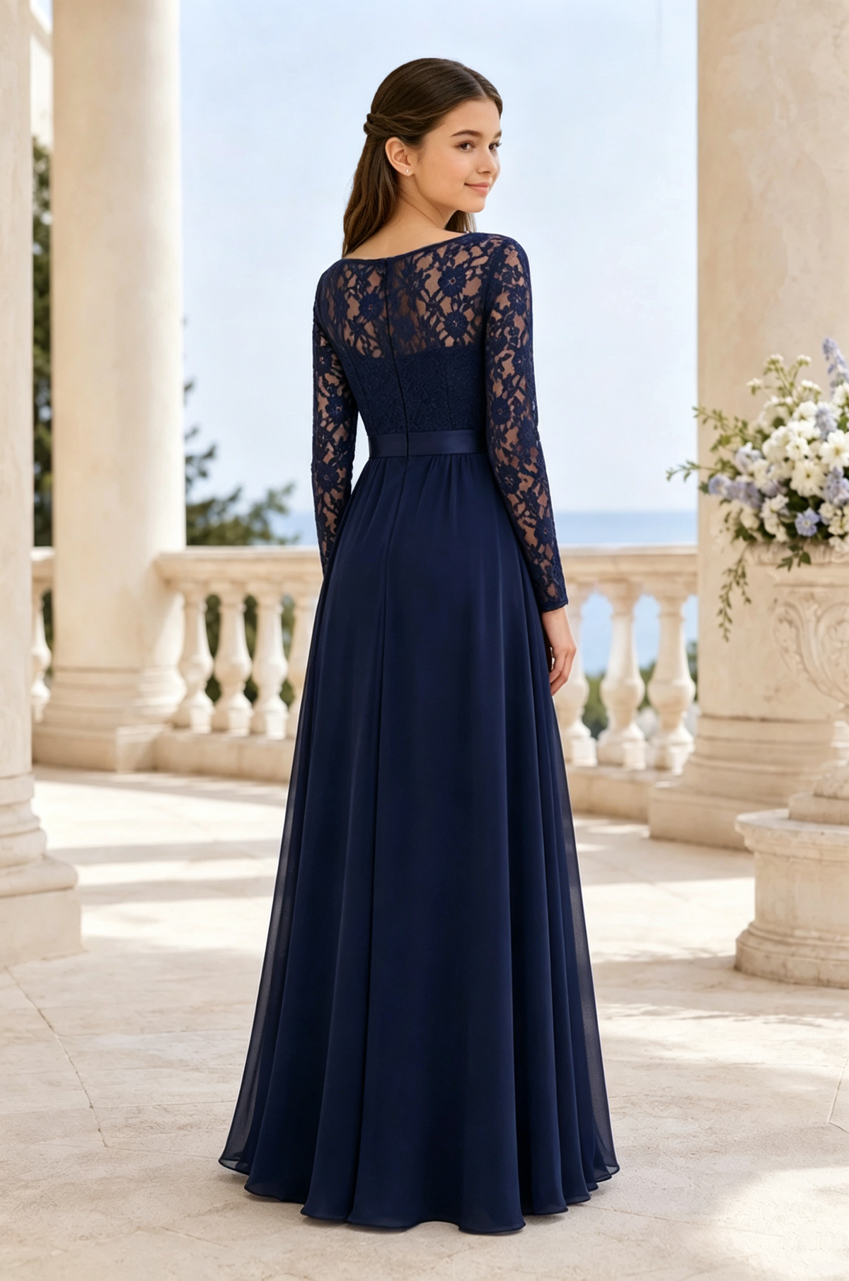 Navy‑Blue Lace Chiffon Round‑Neck Long‑Sleeve A‑Line Dress