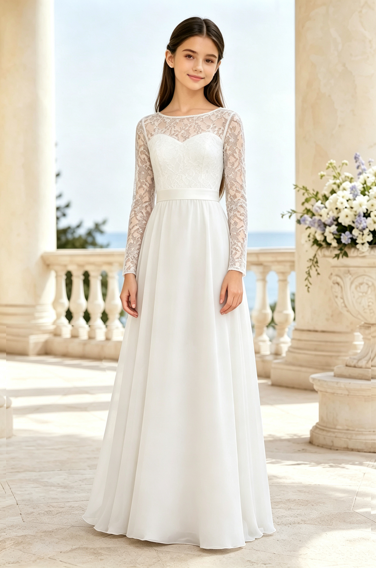 Navy‑Blue Lace Chiffon Round‑Neck Long‑Sleeve A‑Line Dress