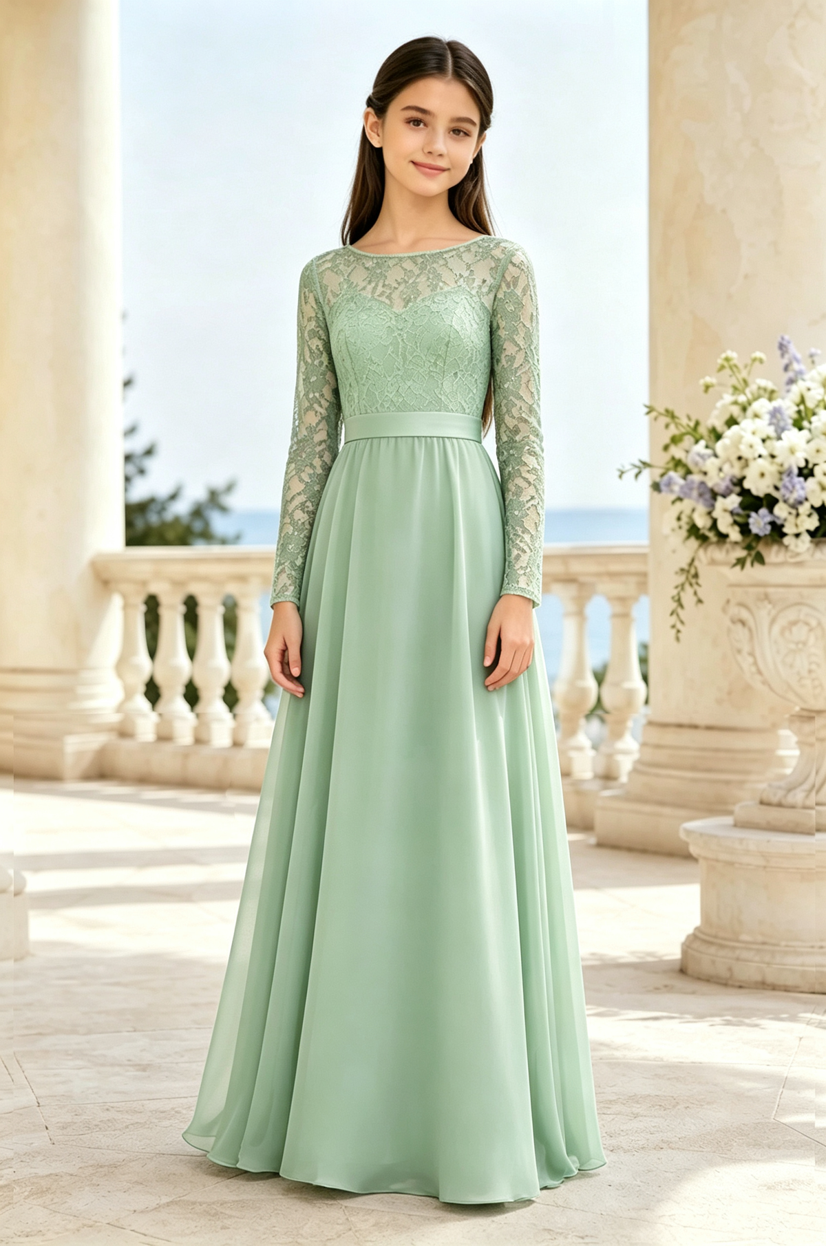 Navy‑Blue Lace Chiffon Round‑Neck Long‑Sleeve A‑Line Dress