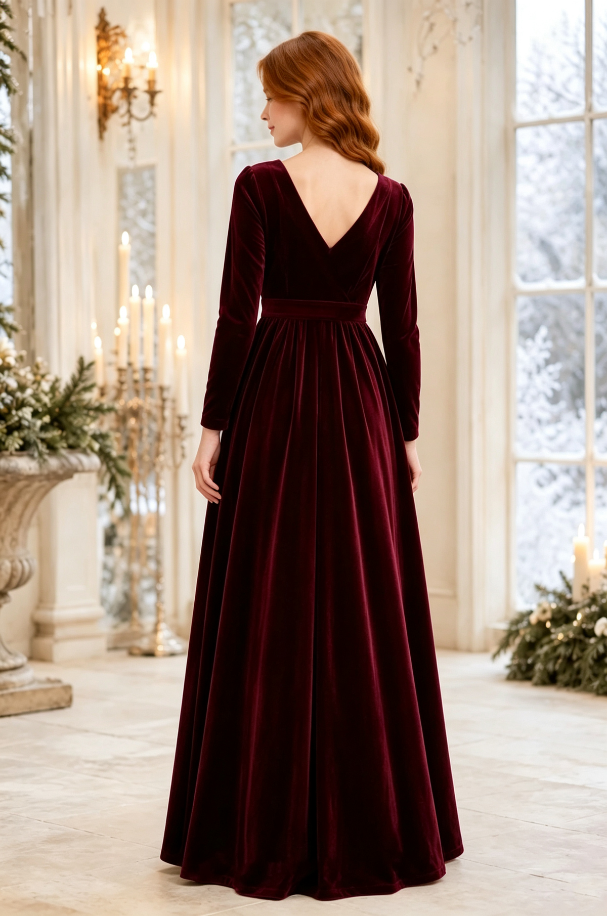 Pink Velvet V‑Neck Long‑Sleeve Girls Formal A‑Line Dress