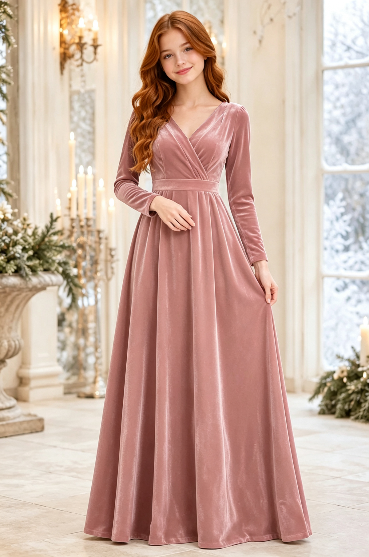 Pink Velvet V‑Neck Long‑Sleeve Girls Formal A‑Line Dress