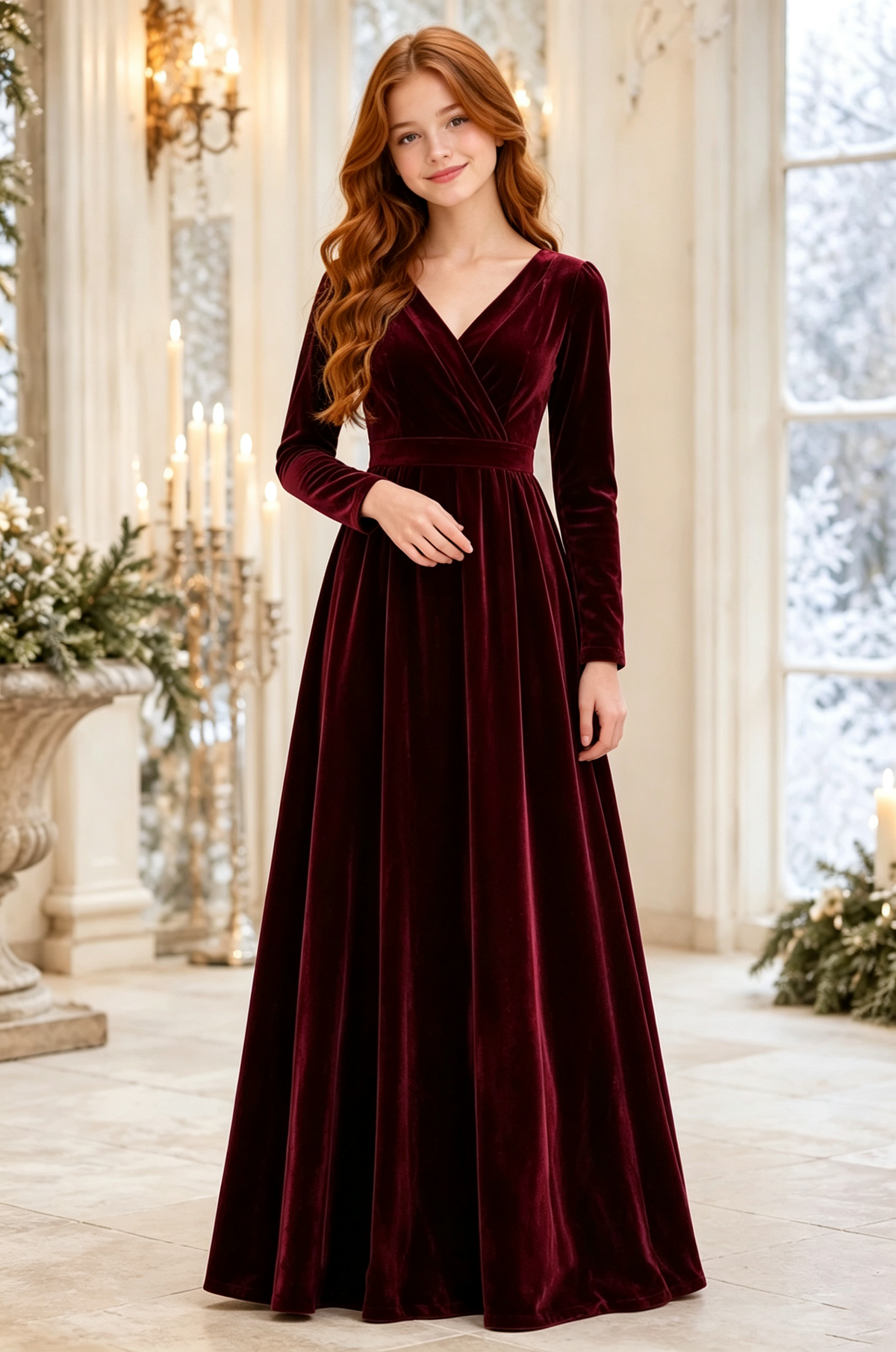 Pink Velvet V‑Neck Long‑Sleeve Girls Formal A‑Line Dress