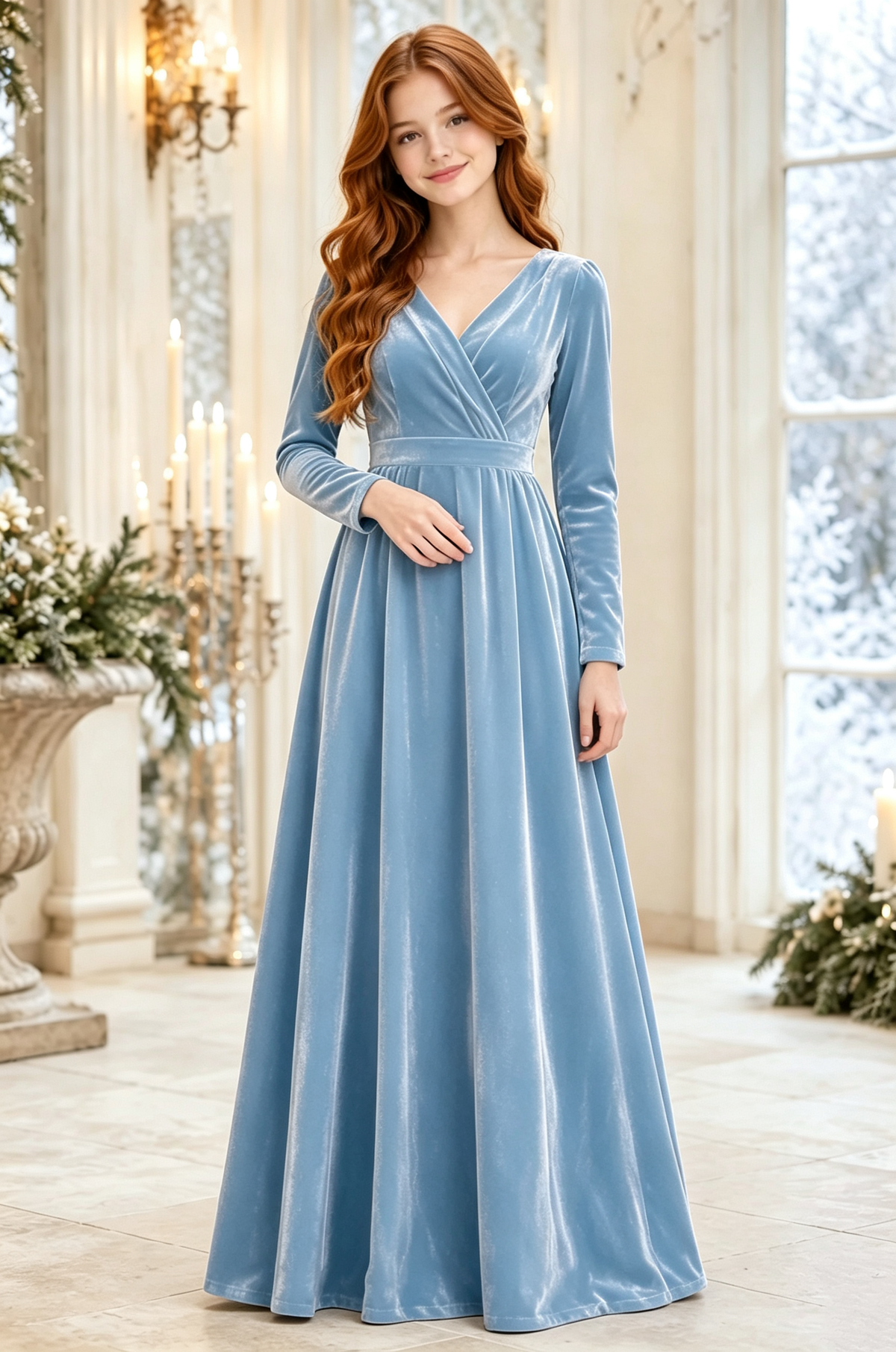 Pink Velvet V‑Neck Long‑Sleeve Girls Formal A‑Line Dress