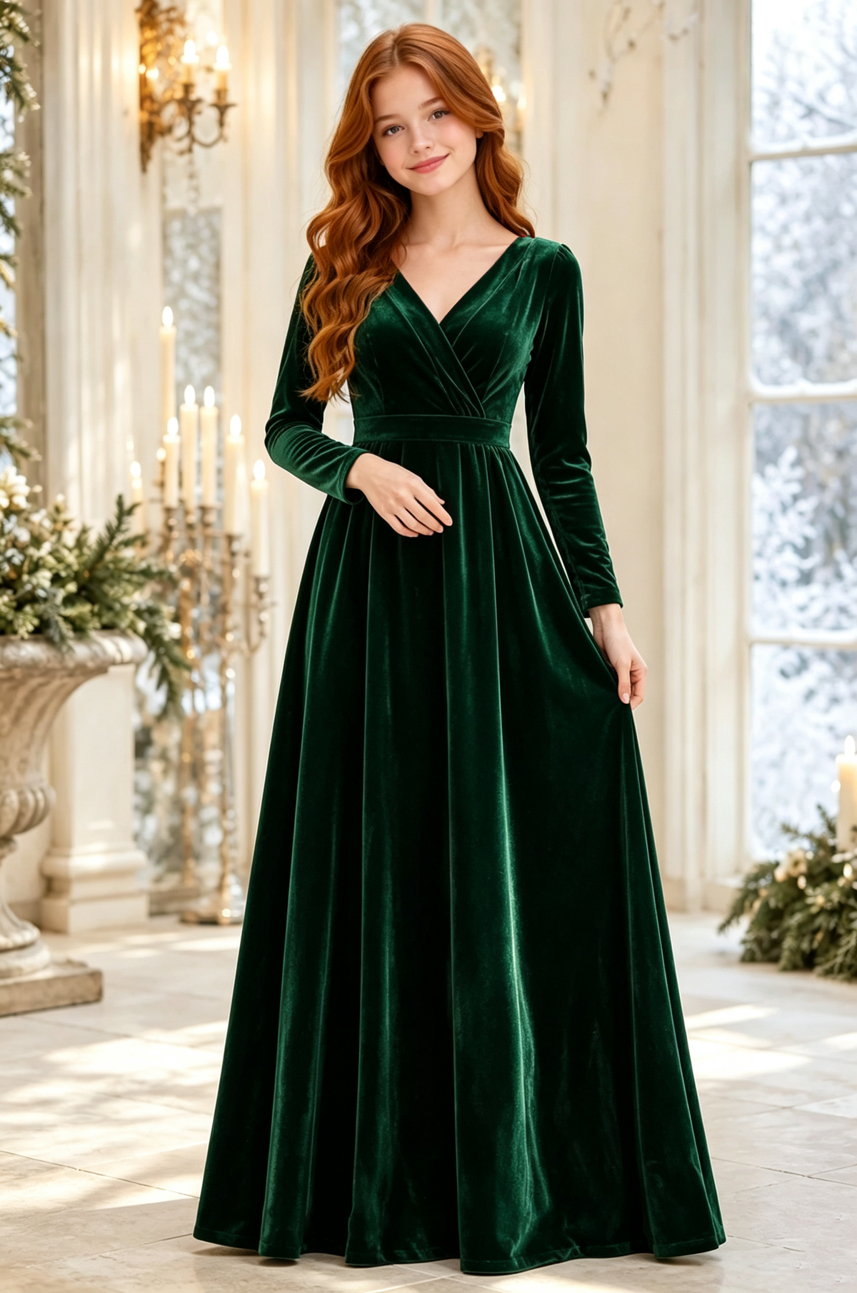 Pink Velvet V‑Neck Long‑Sleeve Girls Formal A‑Line Dress