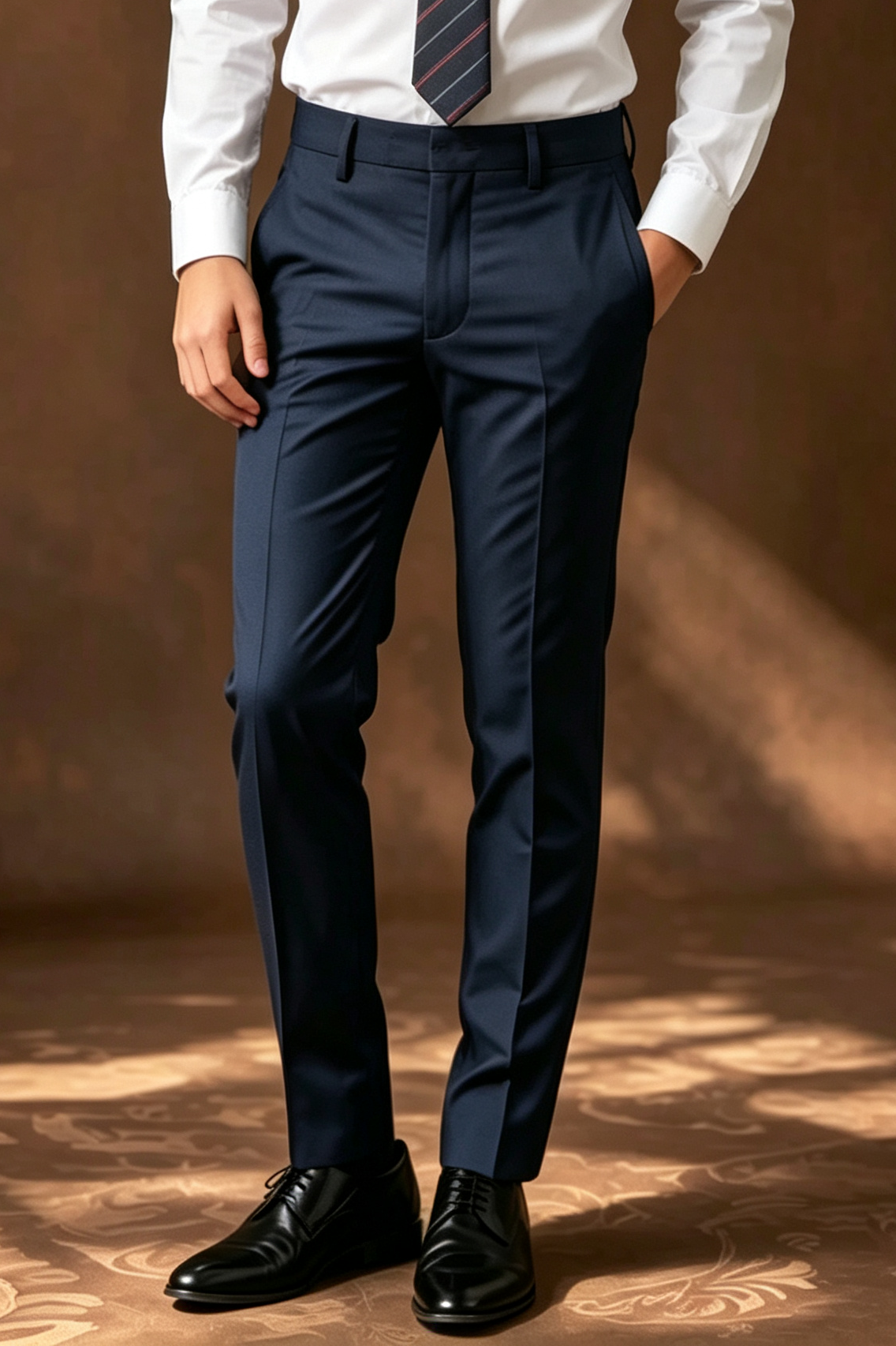Navy Blue Serge‑Blend Straight‑Leg Pants