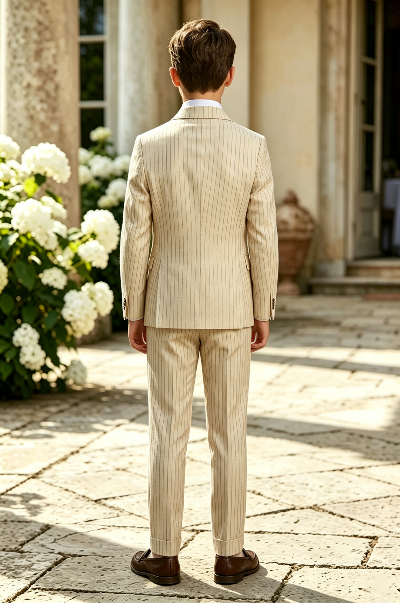 Beige Striped Serge‑Blend Double‑Breasted 2‑Piece Suit