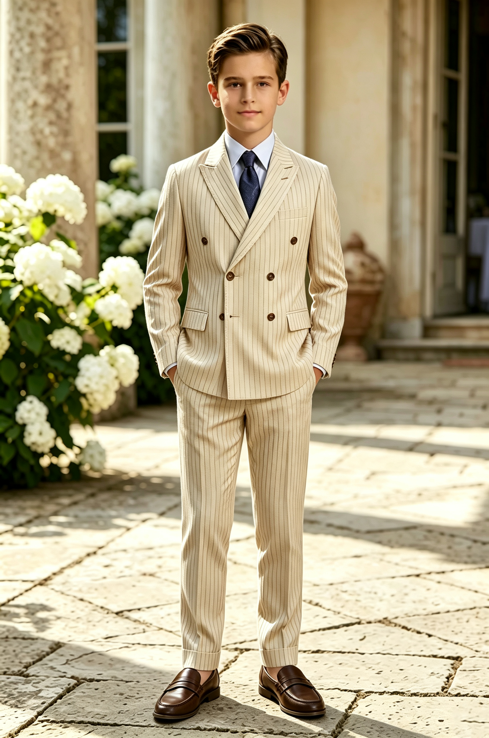 Beige Striped Serge‑Blend Double‑Breasted 2‑Piece Suit